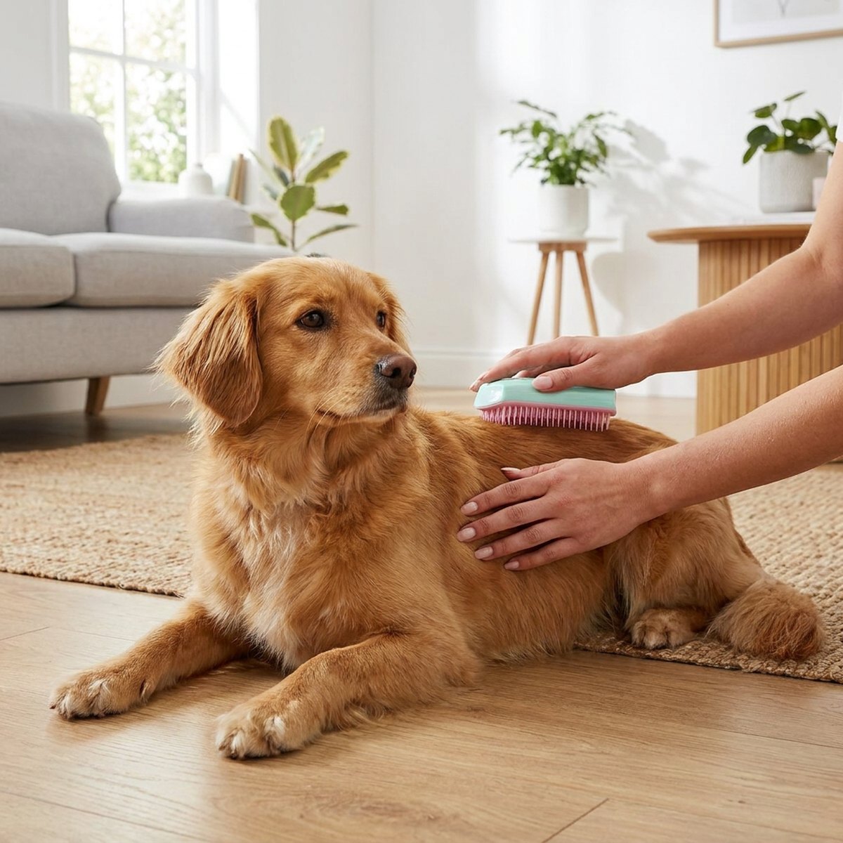 Person håller en Pet Teezer De-shedding borste i handflatan och borstar en golden retriever i ett ljust skandinaviskt rum