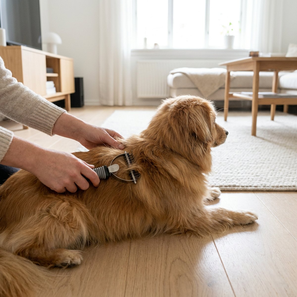 Person löser upp en tova på en långhårig hund med Ozami Tovutredare böjd i ett skandinaviskt vardagsrum