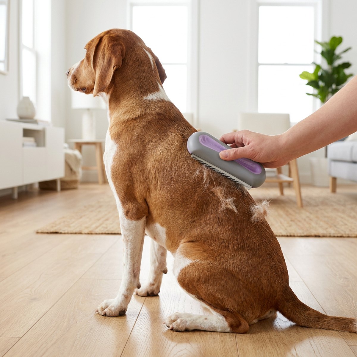 Person borstar en korthårig hund med Show Dog Grooming De-Shedding borste i grå och lila i ett ljust hem