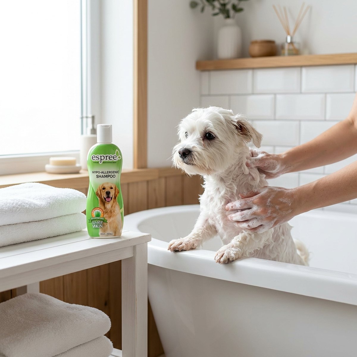 Liten vit hund som sköljs i ett vitt badkar med Espree Hypo-Allergenic schampoflaska synlig bredvid
