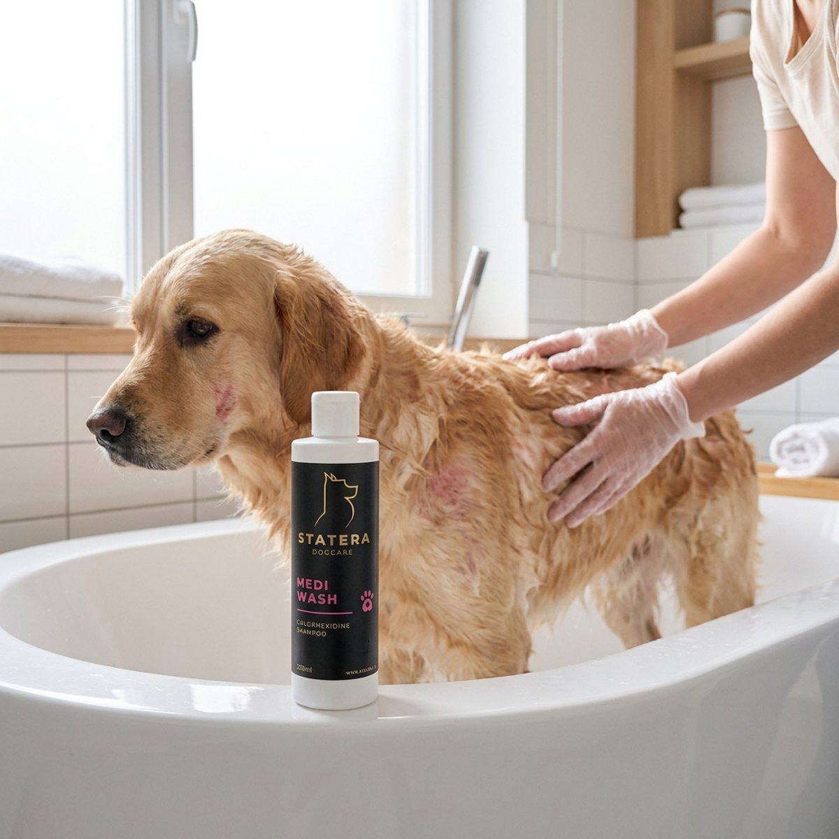 Golden retriever i badkar behandlas med Statera Medi Wash klorhexidinschampo i ett ljust badrum