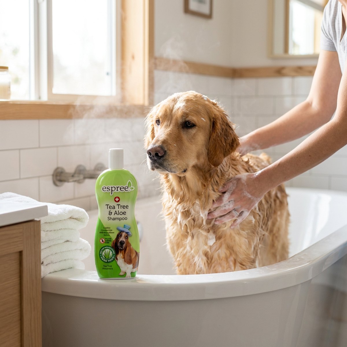 Golden retriever badar i ett ljust badrum med grön Espree Tea Tree och Aloe schampoflaska bredvid