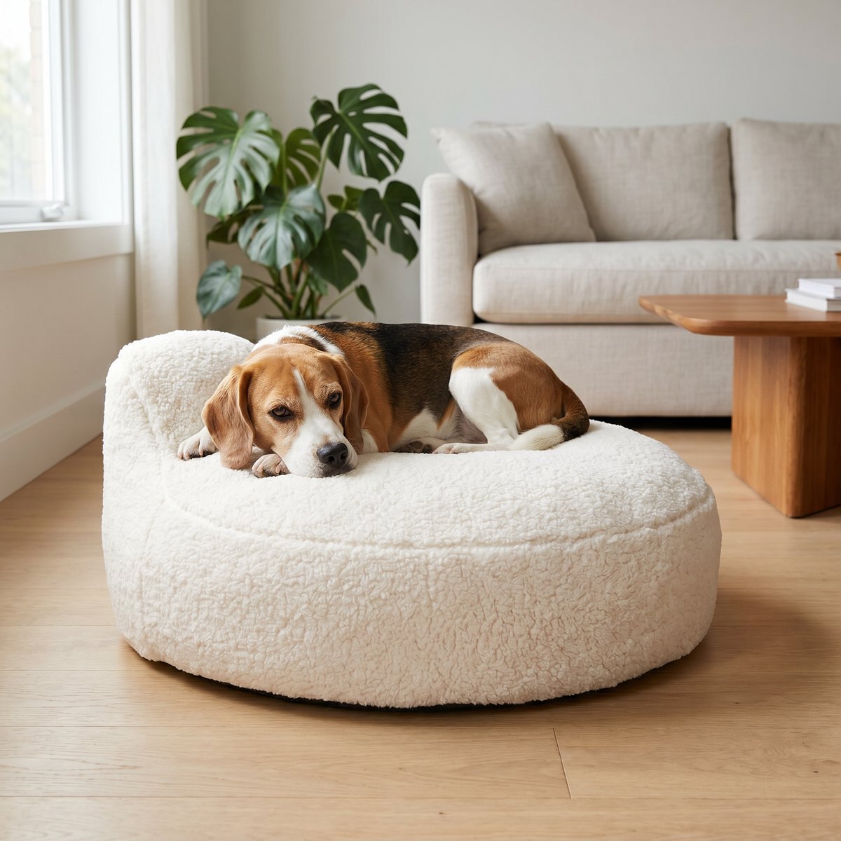 Beagle som ligger i en vit Basic WellB ortopedisk hundbädd på ett vardagsrumsgolv