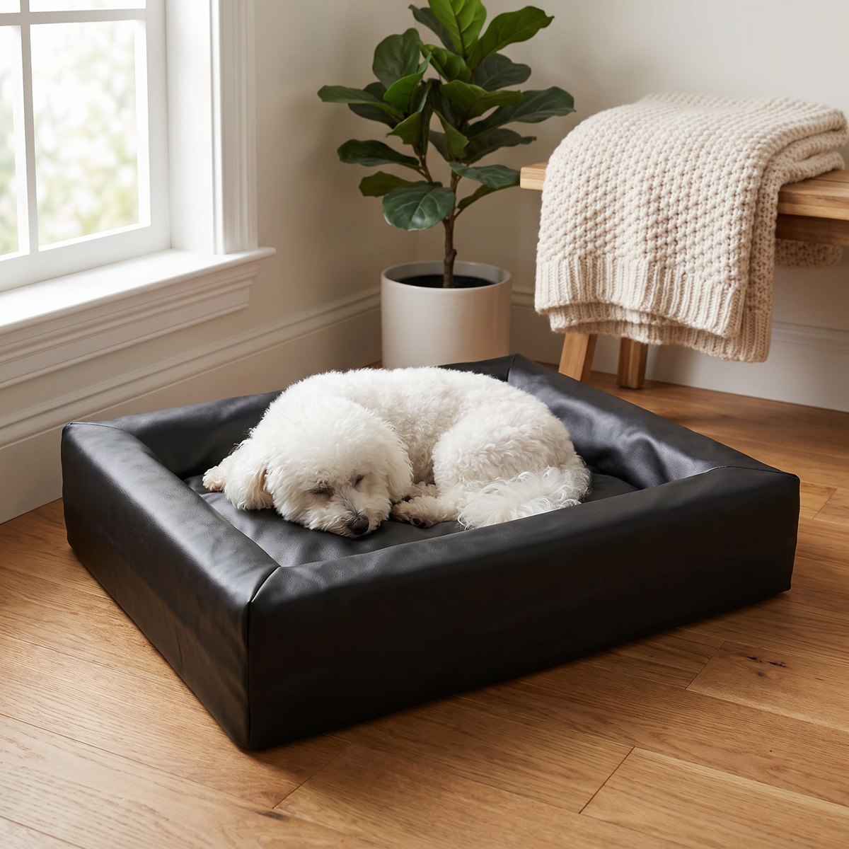 Liten vit hund som ligger i en svart Bia Bed Original hundbädd med avtorkningsbara kanter