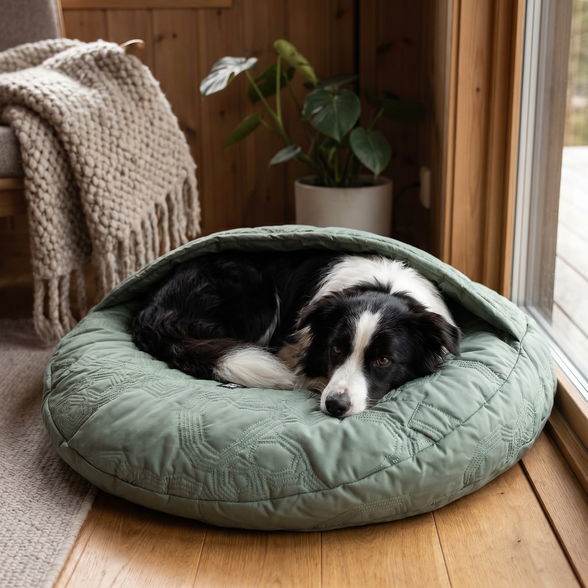 Border collie ihoprullad i en salviagrön Hurtta Outback Dreamer ECO hundsovsäck