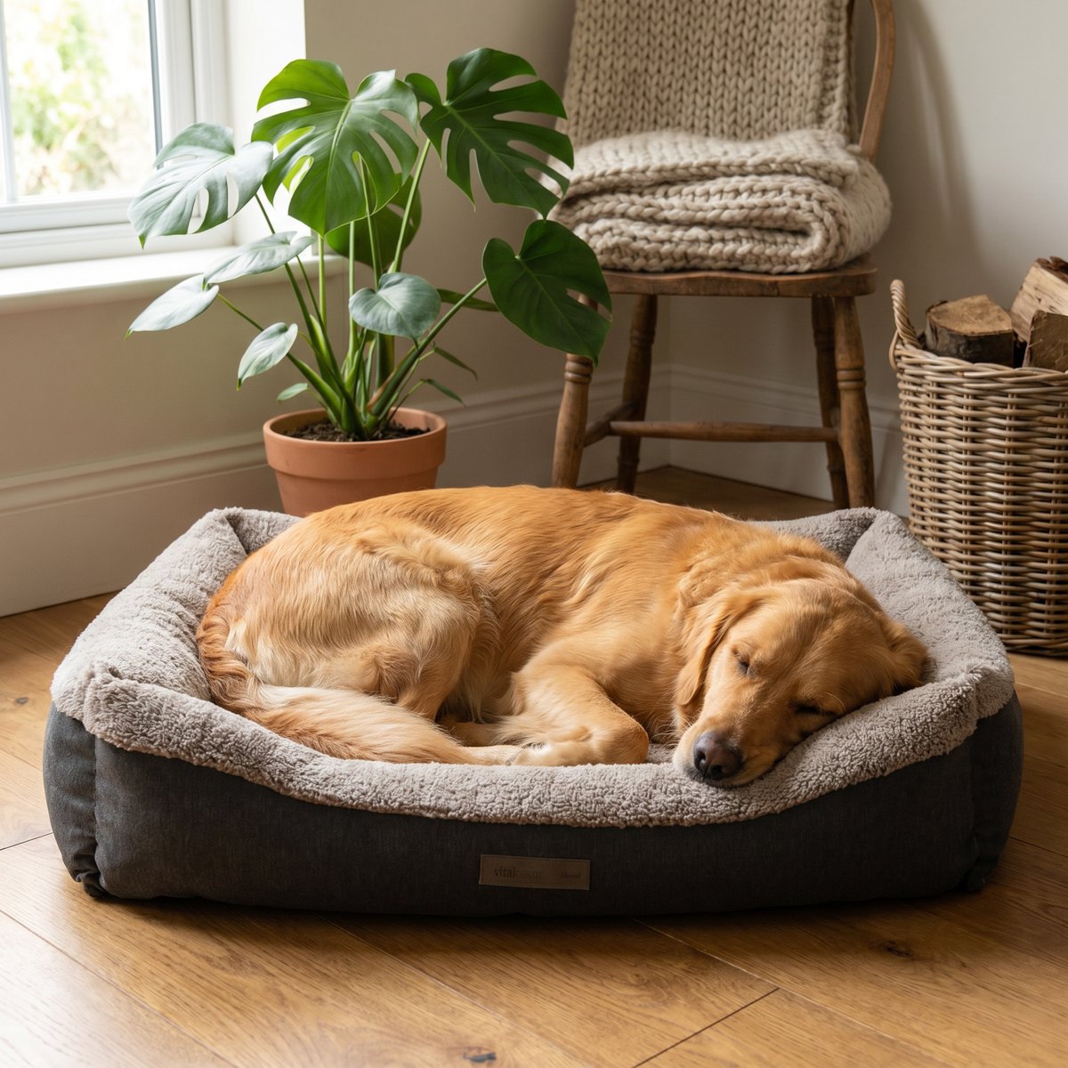 Golden retriever som vilar i en Trixie Bendson Ortopedisk hundbädd i ett ljust skandinaviskt vardagsrum
